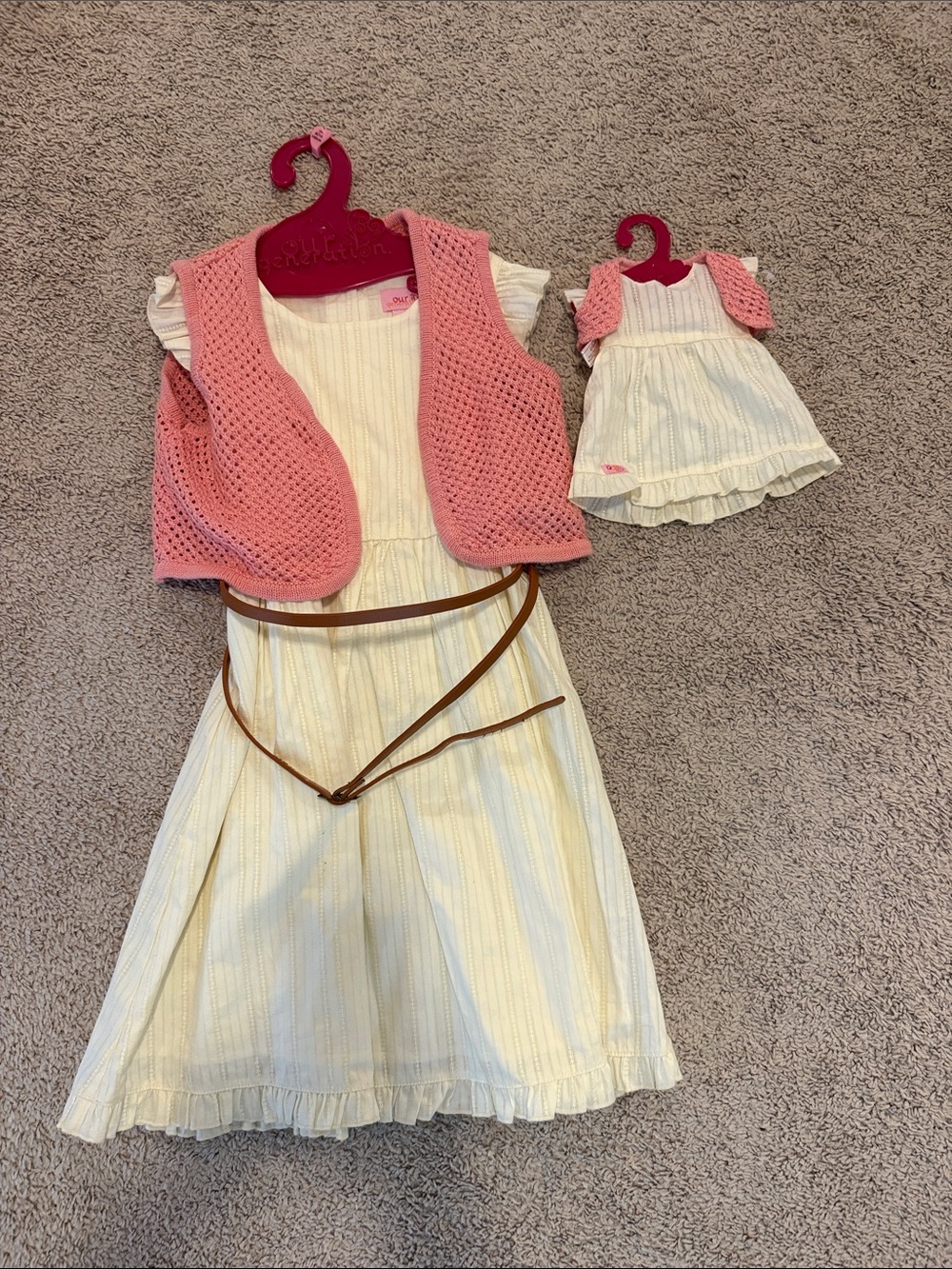 Cream Dress with Pink Crochet Vest and Brown Belt - With a matching doll outfit